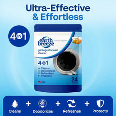Earth Breeze Garbage Disposal Cleaner Tablets 4-in-1 Citrus Scented | Clean, Deodorize, Refresh & Protect – Powerful Cleaning Action for Sink & Disposal – No Harsh Chemicals - Made in USA