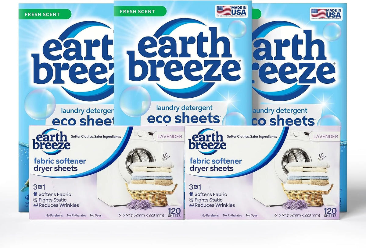 Earth Breeze Fresh Scent Laundry Detergent & Lavender Dryer Sheets Bundle – 3PK Laundry (180 Loads) + 2PK Dryer Sheets (240 Loads) – Made in USA, Hypoallergenic