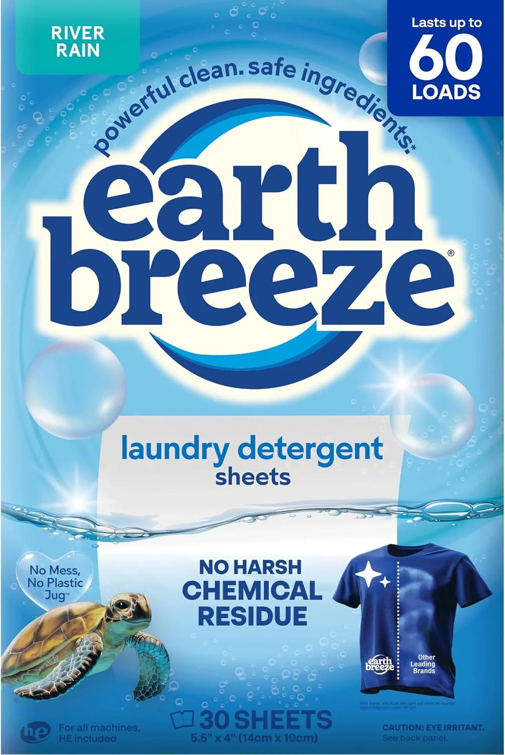 Earth Breeze Laundry Detergent Sheets River Rain 60 Loads | Eco Laundry Sheets - Travel Laundry Detergent Soap Sheets for Hot & Cold Cycles - Tackles Tough Stains & Odors
