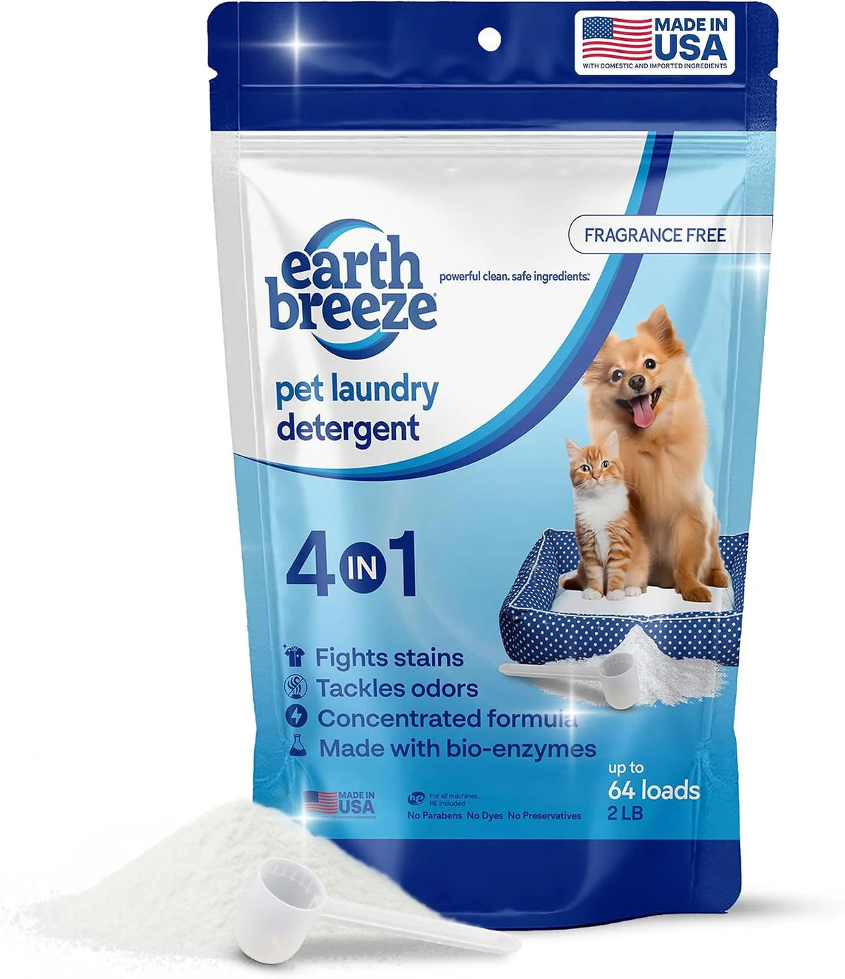 Earth Breeze Pet Laundry Detergent Powder 2lbs (64 Loads) | Powerful 4-in-1 Cleaner for Dog & Cat Bedding, Blankets & Towels – Tackle Odors, Fight Stains